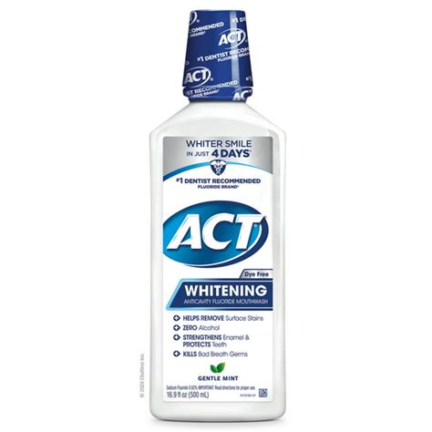 Act whitening mouthwash - ACT Whitening + Anticavity Fluoride Mouthwash is formulated to help whiten teeth with no dyes and no alcohol. In fact, you can enjoy a whiter smile in just four days** when you rinse with ACT Whitening Mouthwash. This alcohol …